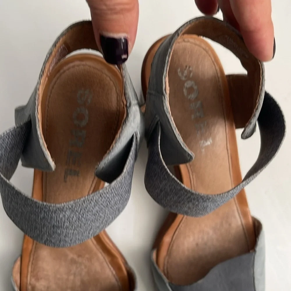 Sorel Nadia Chunky Elastic Heeled Leather Sandals Blue Leather Summer Shoes 8 - Picture 2 of 6